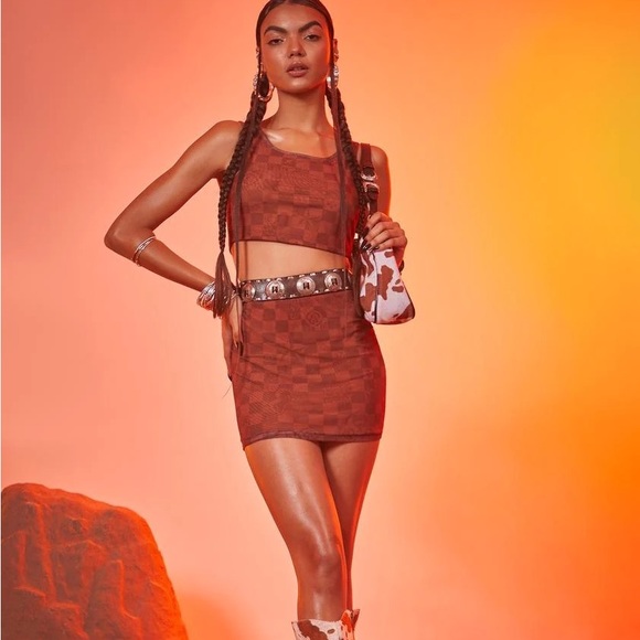 Dolls Kill Luxury Vibes Brown Mesh Checkered Crop Top, Mini Skirt & Mask Set - Picture 7 of 16